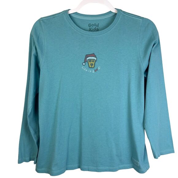Life is Good‎ Girl's Blue Holiday Dog Santa Hat Christmas Pullover T-Shirt Sz XL - Picture 1 of 8